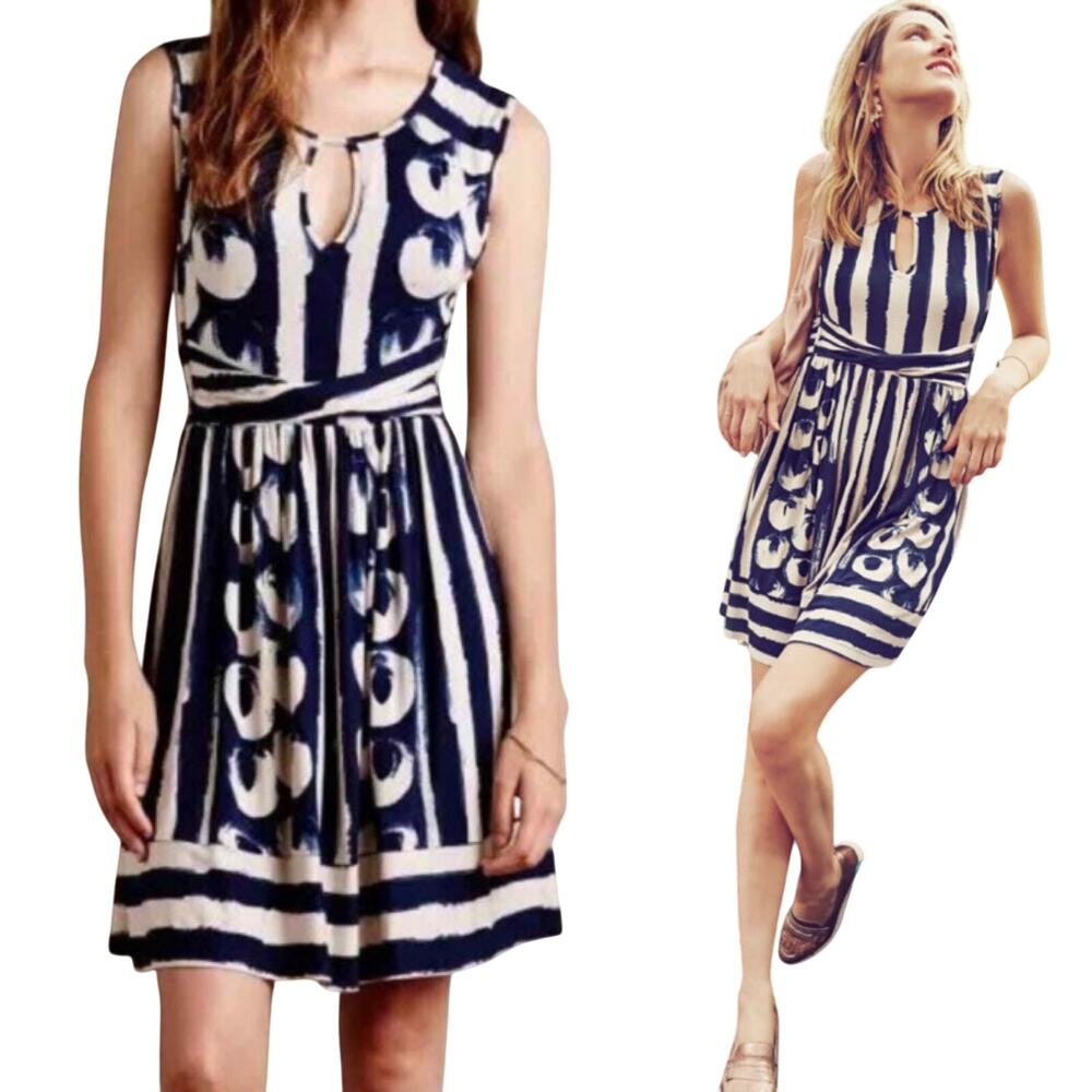 Anthropologie Maeve Sennebeck Printed Jersey Dress Mini Abstract Navy Cream